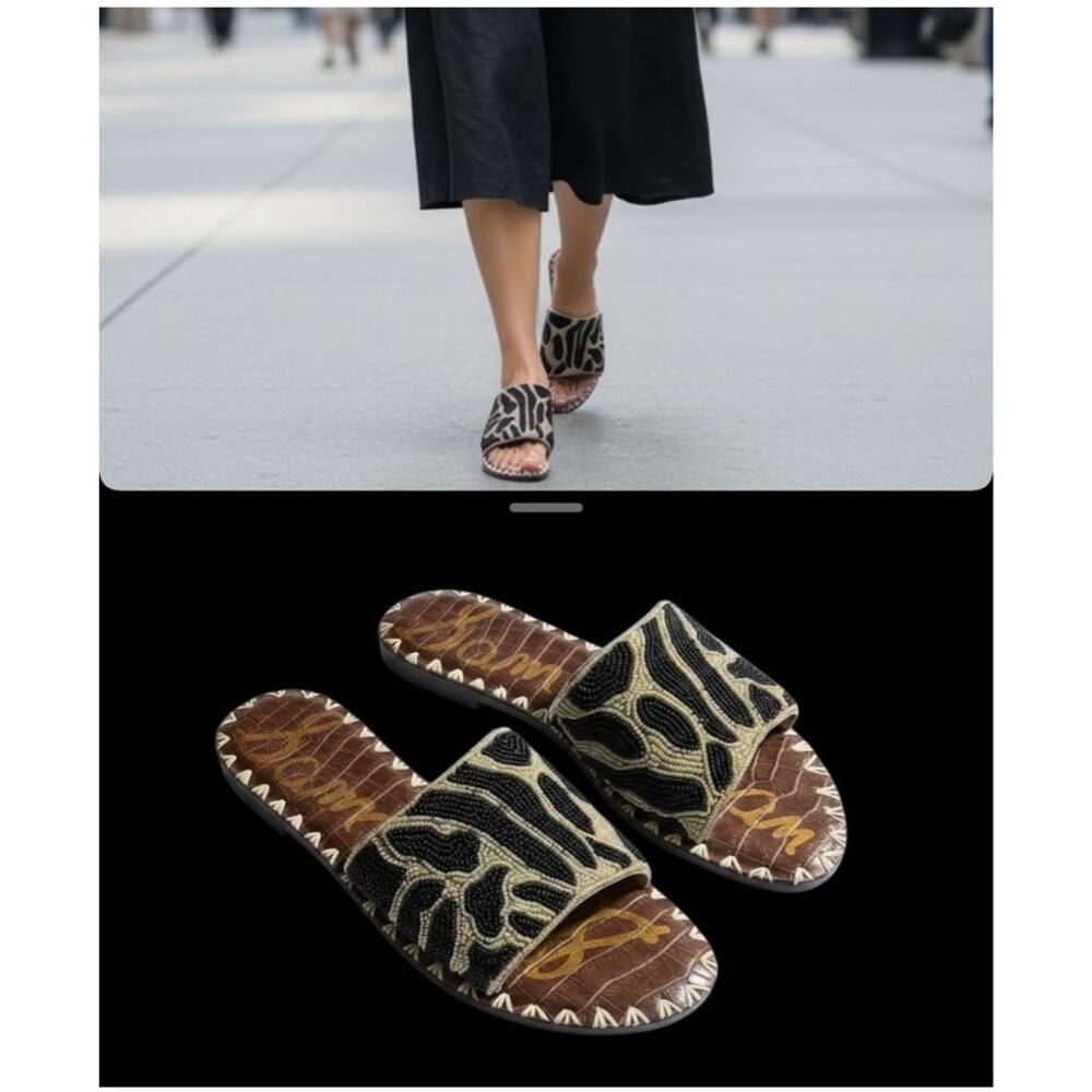 Sam Edelman Gunner Beaded Animal Print Slide Sandals Size 7.5 Leather Lining